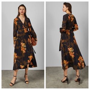 Ted Baker Stela Caramel Floral Print Long Sleeve Silk Midi Wrap Dress